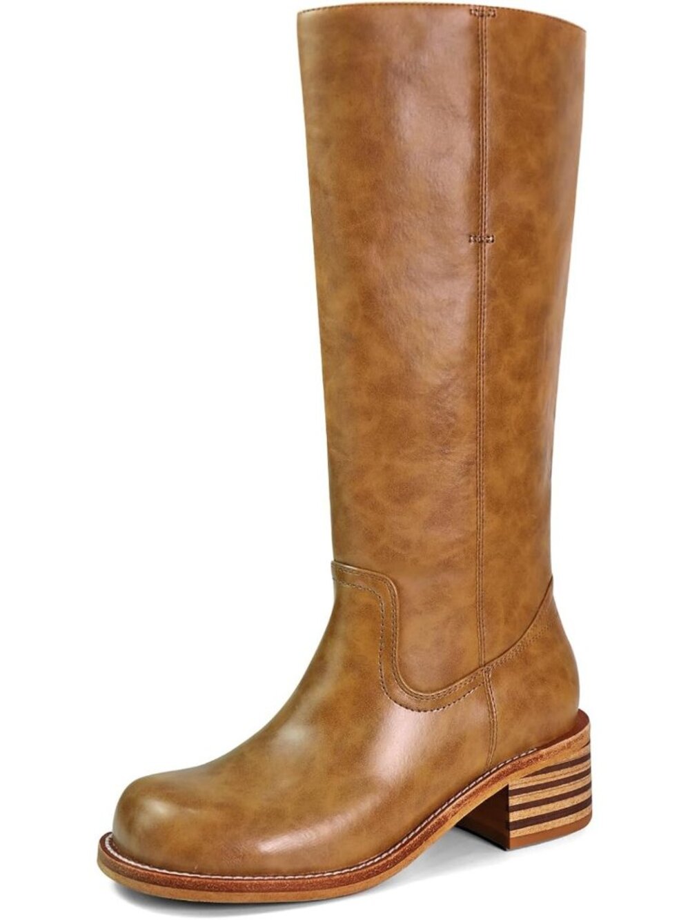 Women's Brown Low Heel Square Toe Solid Chunky Block Heel Long Knee High Boot